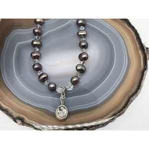 Tahitian Pearl Alternated Crystal Bead Sterling 925 Reversible Pendant Necklace